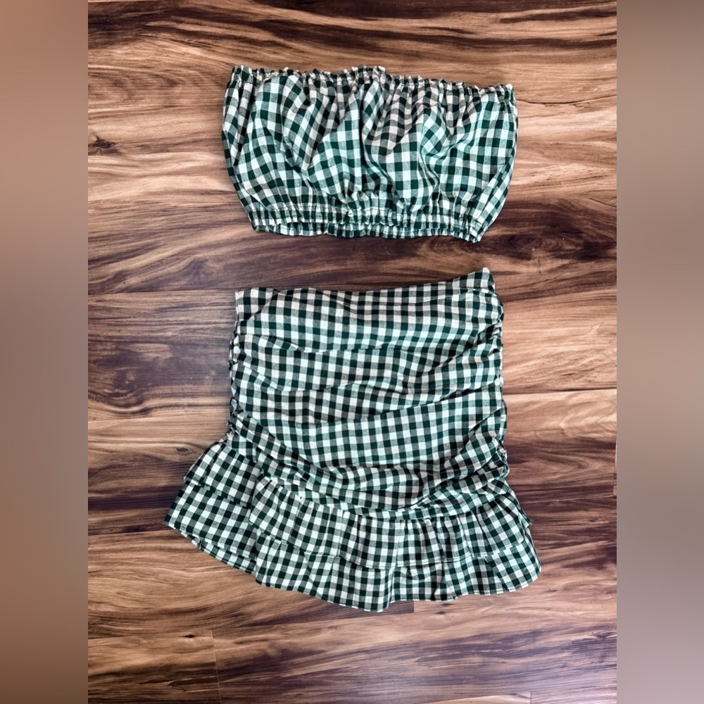Anthropologie MABLE Green & White Gingham Ruffle Mini Skirt Set - Picture 2 of 9